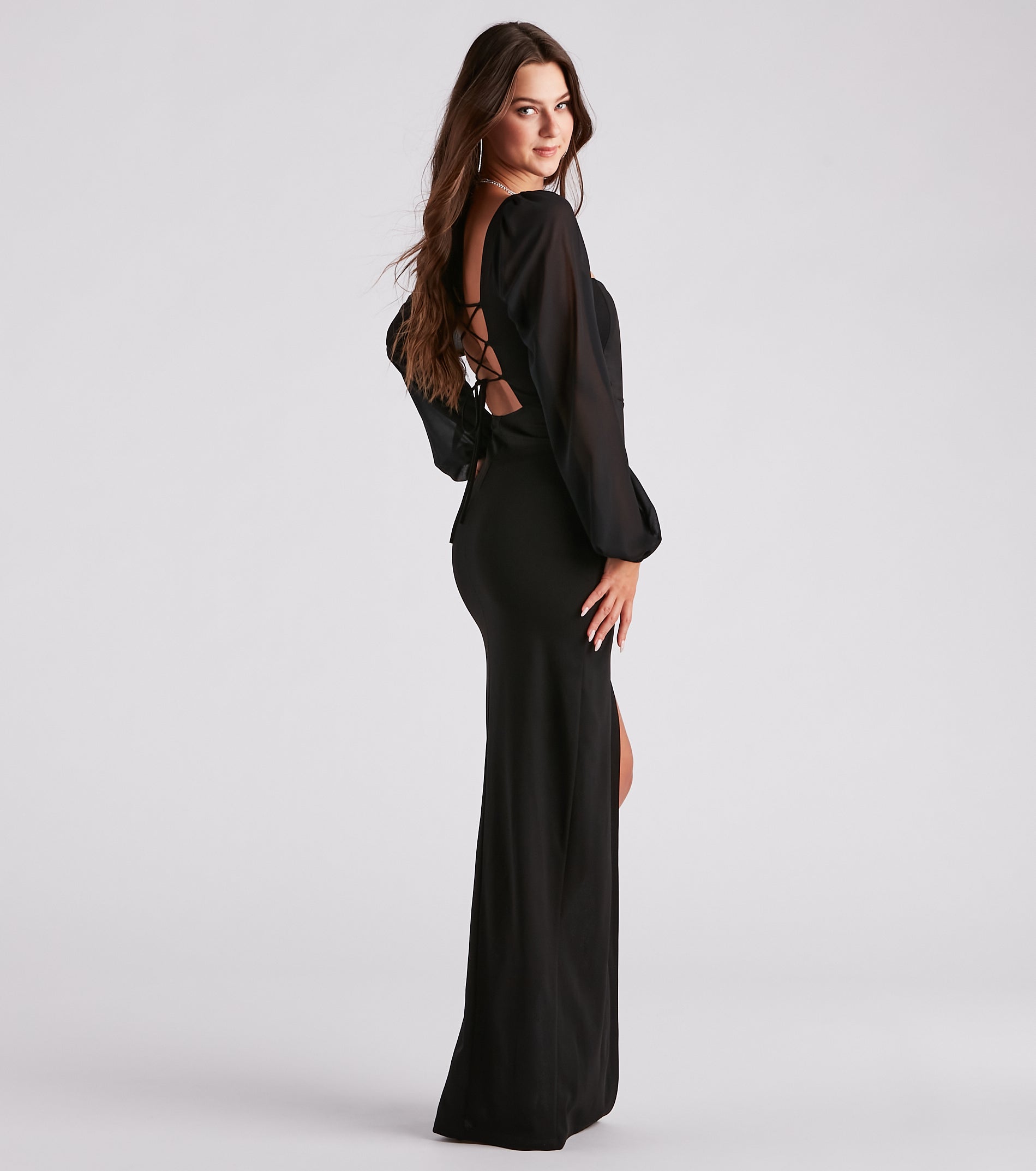 Formal Crepe Lace-Up Slit Dress